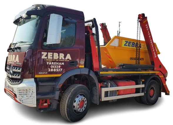 A Zebra skip lorry carrying a yellow Zebra skip